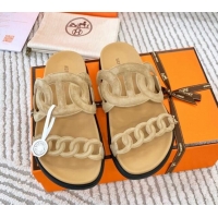 Hot Style Hermes Extra Suede Chain Flat Slide Sandals Light Beige 0123100