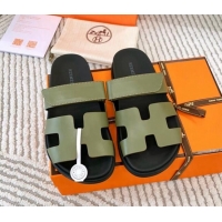 Top Design Hermes Chypre Flat Sandals in Smooth Calfskin Green 123102