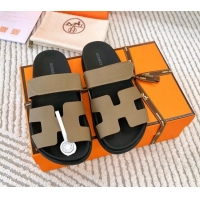 Popular Style Hermes Chypre Flat Sandals in Grained Calfskin Khaki 0123103