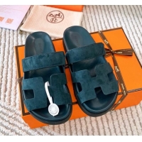 Super Quality Hermes Chypre Flat Sandals in Suede Peacock Green 123107