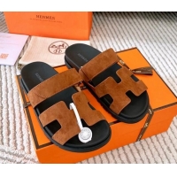 Charming Hermes Chypre Flat Sandals in Suede Dark Brown 0123109