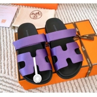 Good Quality Hermes Chypre Flat Sandals in Satin Fabric Purple 0123111