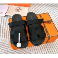 Top Quality Hermes Chypre Flat Sandals in Satin Fabric Black 123112