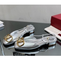 Low Price Valentino VLogo Metallic Leather Flat Ballerinas Silver 0108093