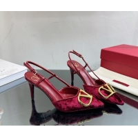 Classic Hot Valentino VLogo Signature Slingback Pumps 8cm in Velvet Red 108101