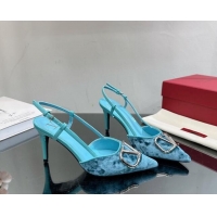 Pretty Style Valentino VLogo Signature Slingback Pumps 8cm in Velvet Light Blue 0108102