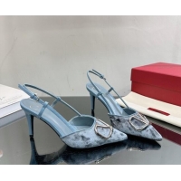 Good Quality Valentino VLogo Signature Slingback Pumps 8cm in Velvet Pale Blue 0108108