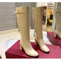 Top Grade Valentino VLogo Signature High Boots 8cm Beige 0109005