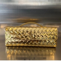 Promotional Bottega Veneta Long Clutch Bag Andiamo With Handle in Intrecciato Laminated Leather 741511 Gold 2023