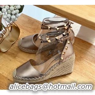 Good Quality Valentino Metallic Grained Leather Rockstud Wedge Pumps 9.5cm Rose Gold 0125076