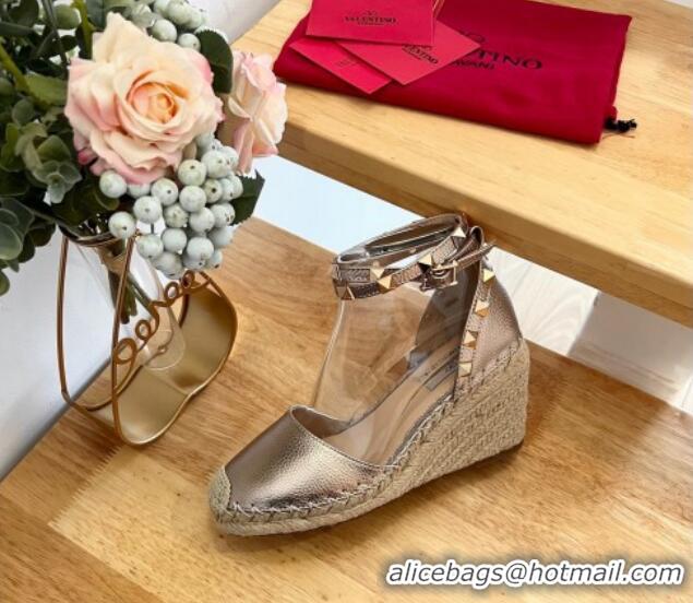 Good Quality Valentino Metallic Grained Leather Rockstud Wedge Pumps 9.5cm Rose Gold 0125076