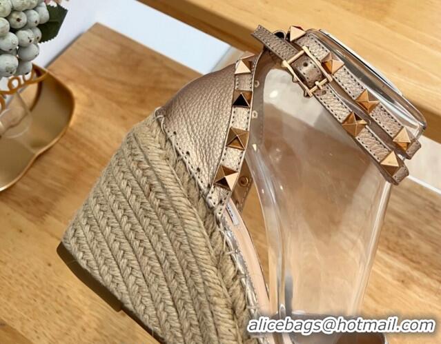 Good Quality Valentino Metallic Grained Leather Rockstud Wedge Pumps 9.5cm Rose Gold 0125076