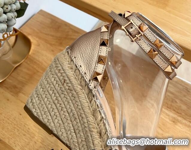 Good Quality Valentino Metallic Grained Leather Rockstud Wedge Pumps 9.5cm Rose Gold 0125076