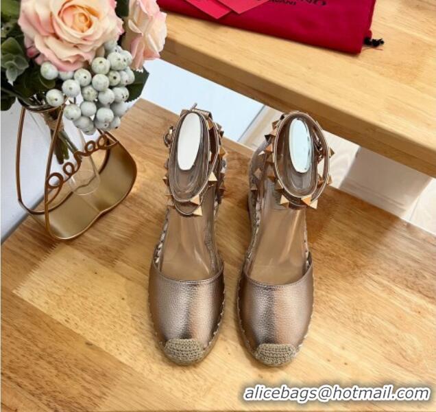 Good Quality Valentino Metallic Grained Leather Rockstud Wedge Pumps 9.5cm Rose Gold 0125076