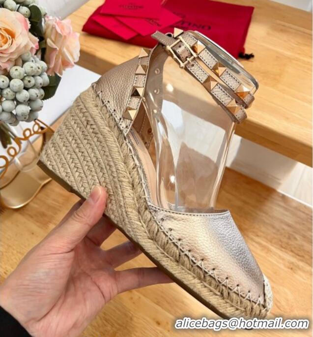 Good Quality Valentino Metallic Grained Leather Rockstud Wedge Pumps 9.5cm Rose Gold 0125076