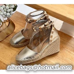 Grade Quality Valentino Metallic Grained Leather Rockstud Wedge Pumps 9.5cm Light Gold 0125081