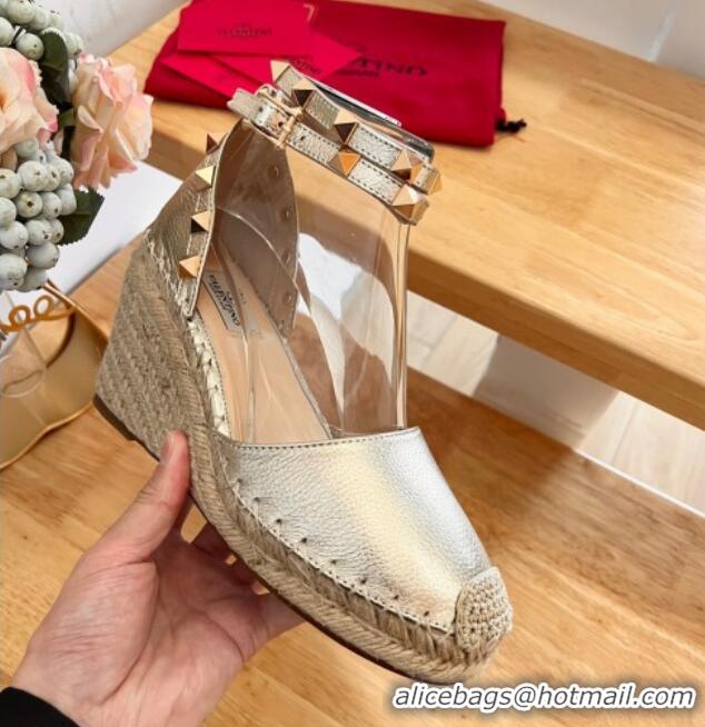 Grade Quality Valentino Metallic Grained Leather Rockstud Wedge Pumps 9.5cm Light Gold 0125081