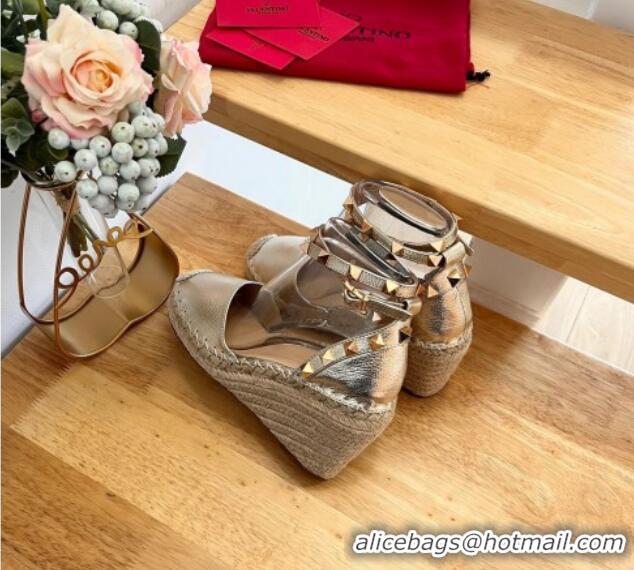 Grade Quality Valentino Metallic Grained Leather Rockstud Wedge Pumps 9.5cm Light Gold 0125081