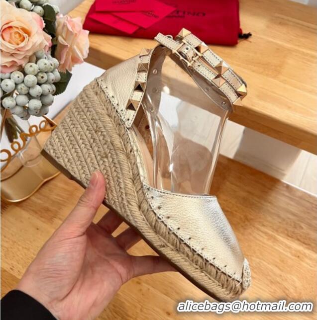 Grade Quality Valentino Metallic Grained Leather Rockstud Wedge Pumps 9.5cm Light Gold 0125081