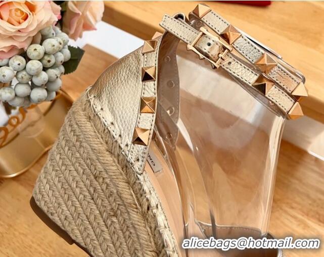 Grade Quality Valentino Metallic Grained Leather Rockstud Wedge Pumps 9.5cm Light Gold 0125081