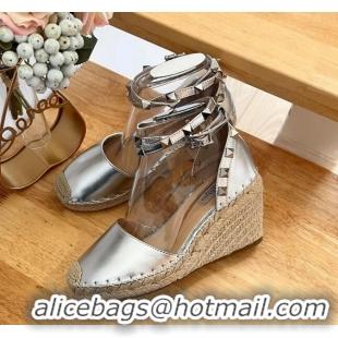 Popular Style Valentino Metallic Grained Leather Rockstud Wedge Pumps 9.5cm Silver 0125082