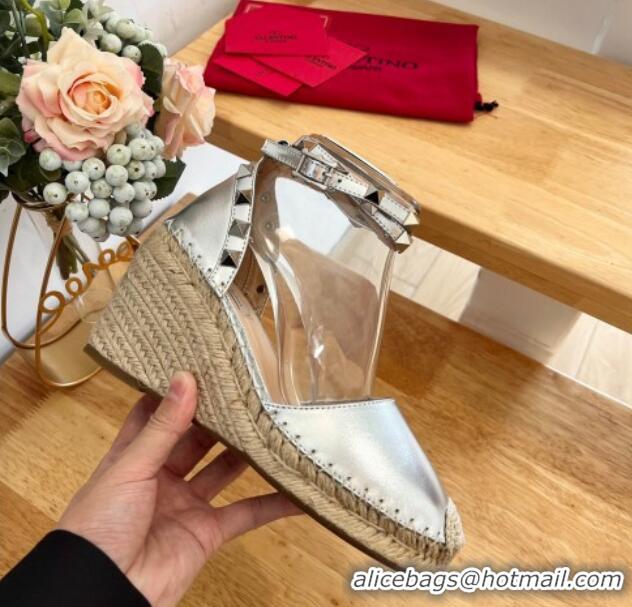 Popular Style Valentino Metallic Grained Leather Rockstud Wedge Pumps 9.5cm Silver 0125082