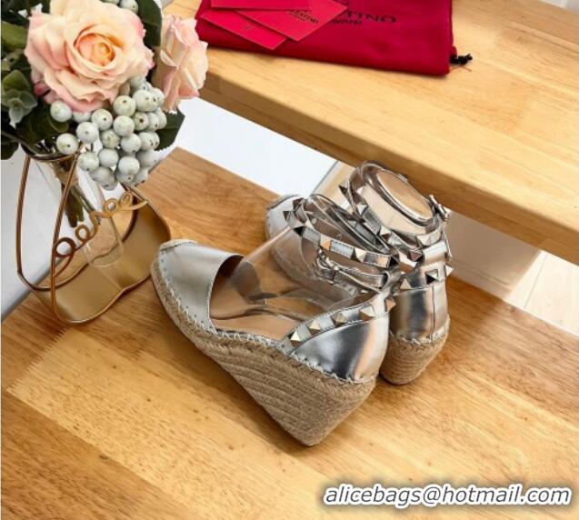 Popular Style Valentino Metallic Grained Leather Rockstud Wedge Pumps 9.5cm Silver 0125082