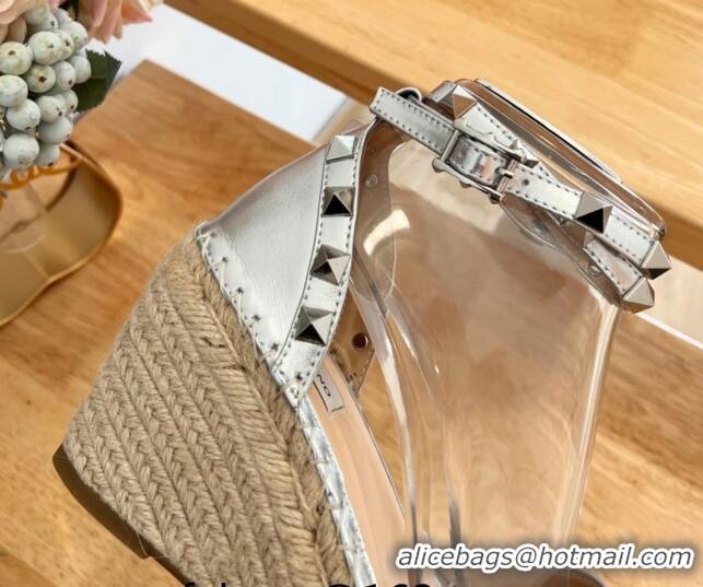 Popular Style Valentino Metallic Grained Leather Rockstud Wedge Pumps 9.5cm Silver 0125082