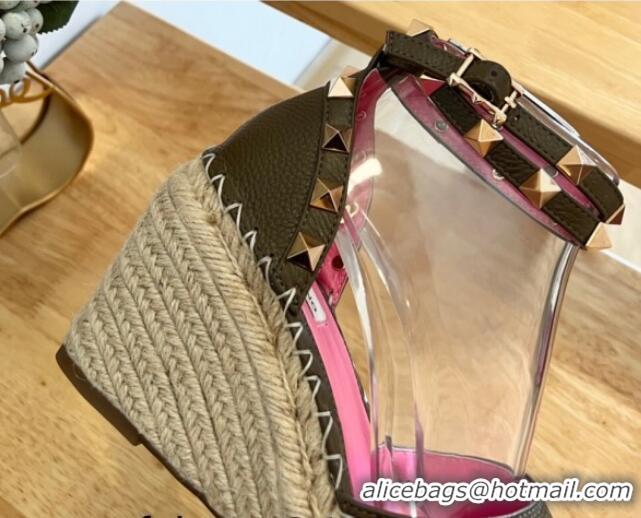 Pretty Style Valentino Grained Leather Rockstud Wedge Pumps 9.5cm Green 40125077