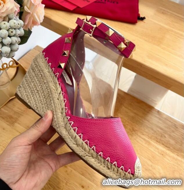 Best Grade Valentino Metallic Grained Leather Rockstud Wedge Pumps 9.5cm Red 0125079