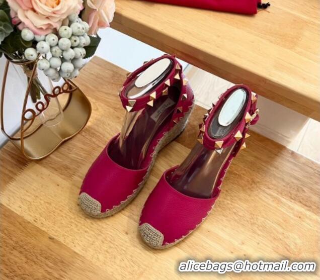 Best Grade Valentino Metallic Grained Leather Rockstud Wedge Pumps 9.5cm Red 0125079