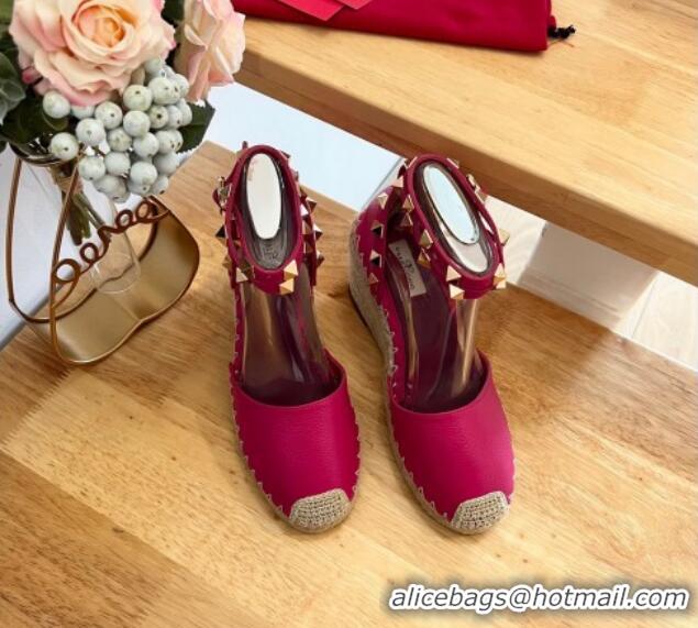 Best Grade Valentino Metallic Grained Leather Rockstud Wedge Pumps 9.5cm Red 0125079