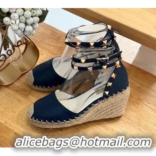 Shop Cheap Valentino Grained Leather Rockstud Wedge Pumps 9.5cm Navy Blue 0125080