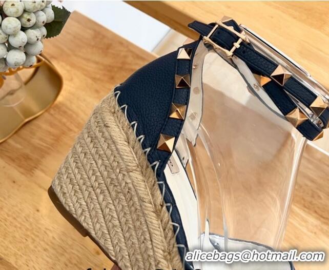 Shop Cheap Valentino Grained Leather Rockstud Wedge Pumps 9.5cm Navy Blue 0125080