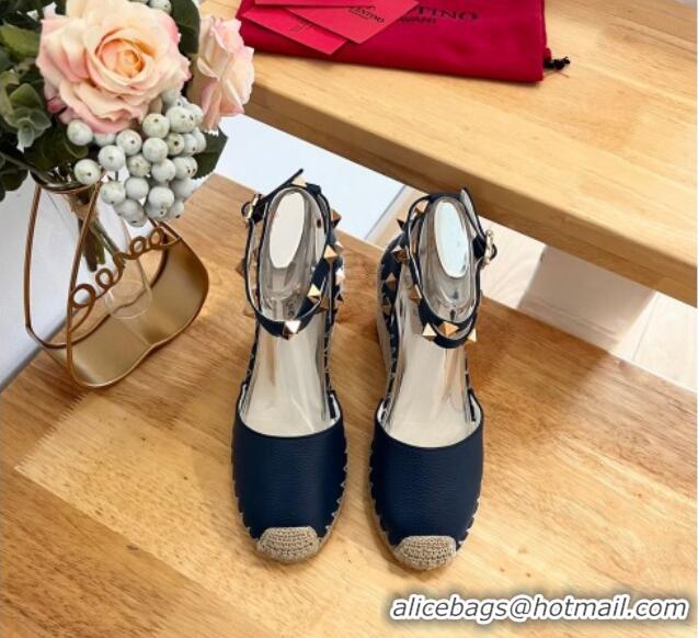 Shop Cheap Valentino Grained Leather Rockstud Wedge Pumps 9.5cm Navy Blue 0125080