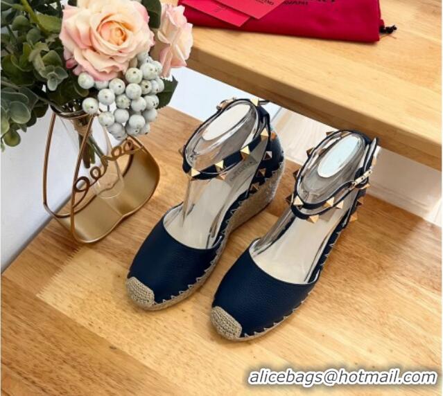 Shop Cheap Valentino Grained Leather Rockstud Wedge Pumps 9.5cm Navy Blue 0125080