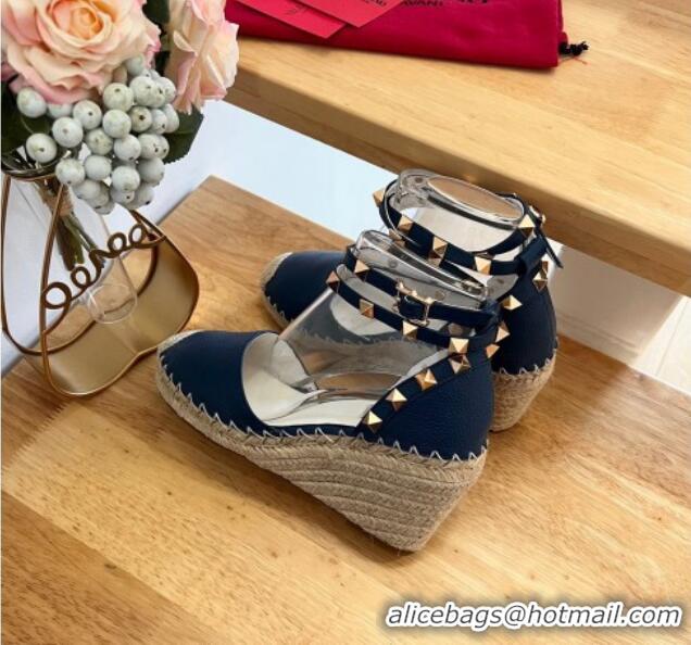 Shop Cheap Valentino Grained Leather Rockstud Wedge Pumps 9.5cm Navy Blue 0125080