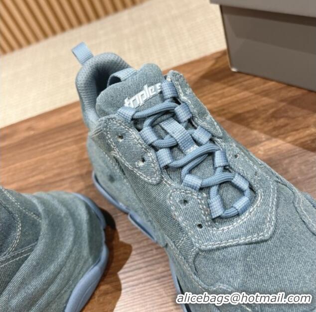 Good Quality Balenciaga Triple S Sneakers in Light Blue Denim 129025