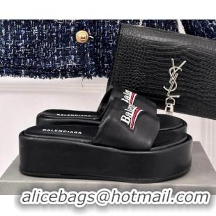 Popular Style Balenciaga Logo Stripes Calfskin Platform Slide Sandals Black 129024