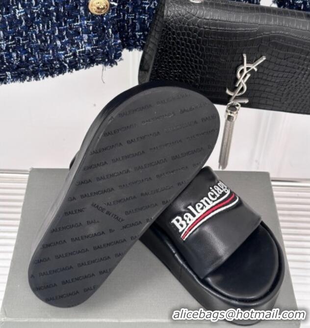 Popular Style Balenciaga Logo Stripes Calfskin Platform Slide Sandals Black 129024