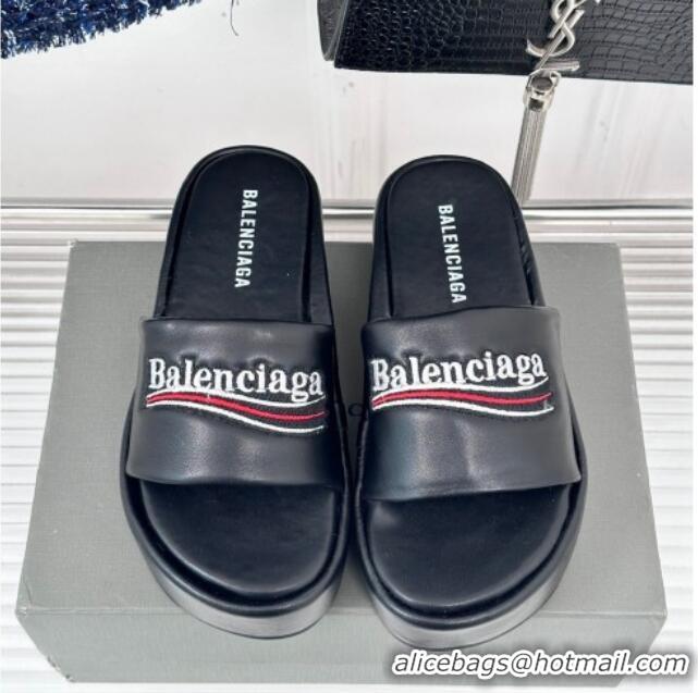 Popular Style Balenciaga Logo Stripes Calfskin Platform Slide Sandals Black 129024