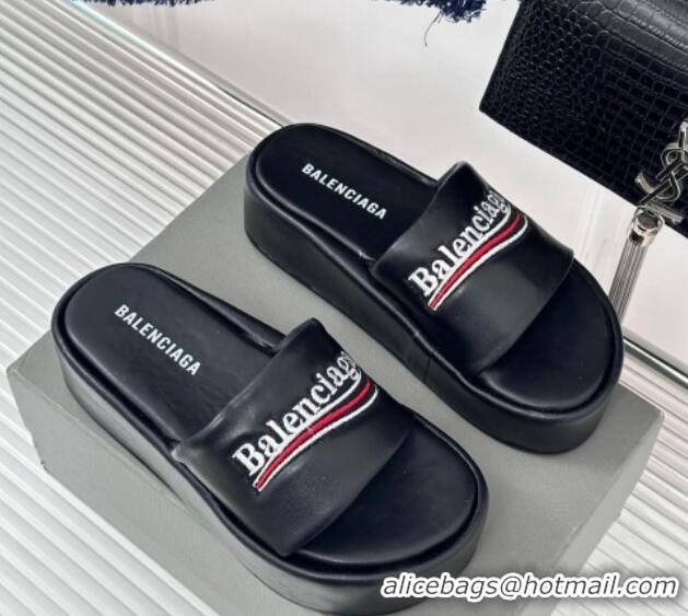 Popular Style Balenciaga Logo Stripes Calfskin Platform Slide Sandals Black 129024