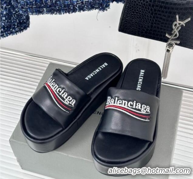 Popular Style Balenciaga Logo Stripes Calfskin Platform Slide Sandals Black 129024