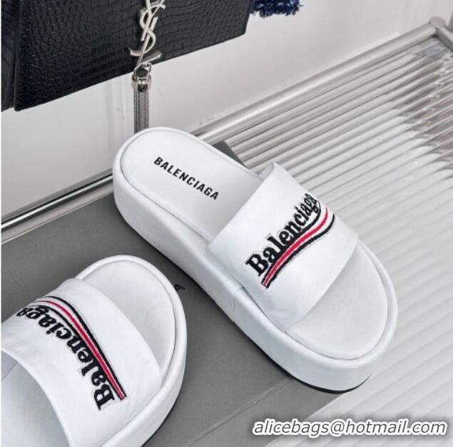 Top Design Balenciaga Logo Stripes Calfskin Platform Slide Sandals White 0129026