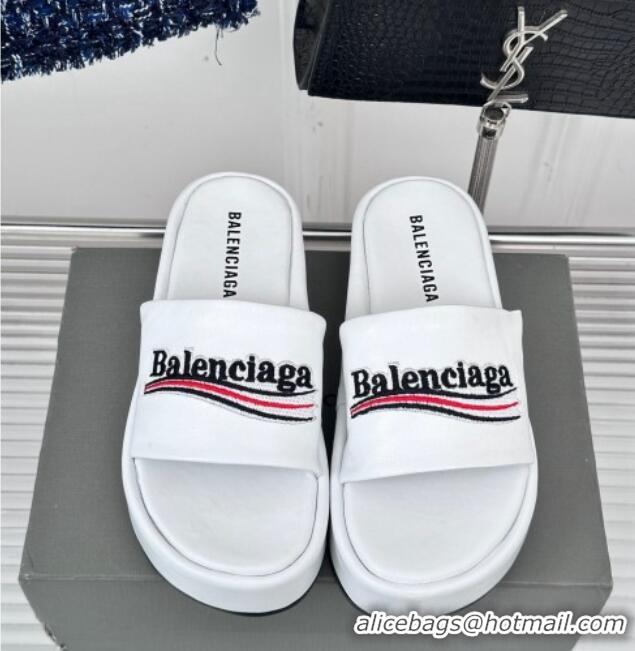 Top Design Balenciaga Logo Stripes Calfskin Platform Slide Sandals White 0129026