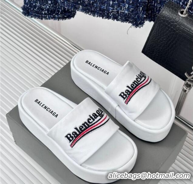 Top Design Balenciaga Logo Stripes Calfskin Platform Slide Sandals White 0129026