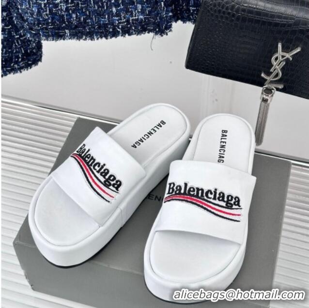 Top Design Balenciaga Logo Stripes Calfskin Platform Slide Sandals White 0129026