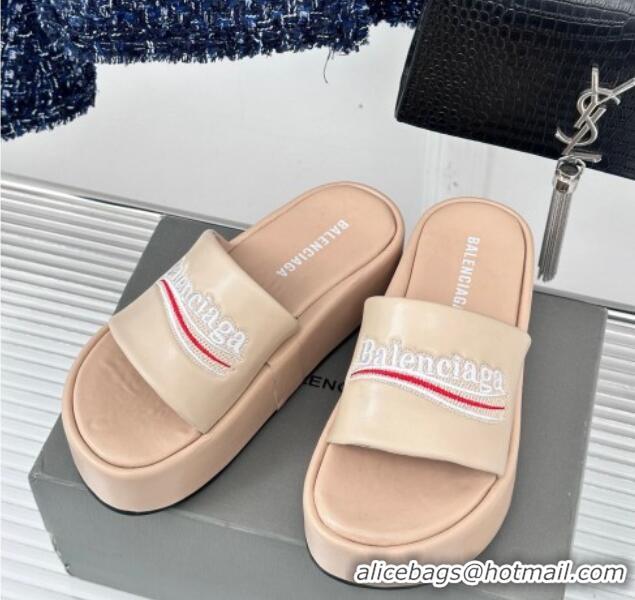 Lowest Cost Balenciaga Logo Stripes Calfskin Platform Slide Sandals Nude 129027