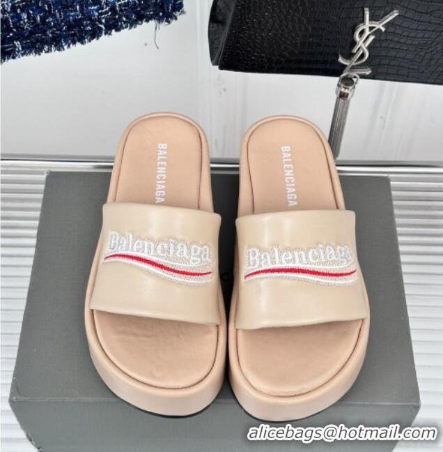 Lowest Cost Balenciaga Logo Stripes Calfskin Platform Slide Sandals Nude 129027