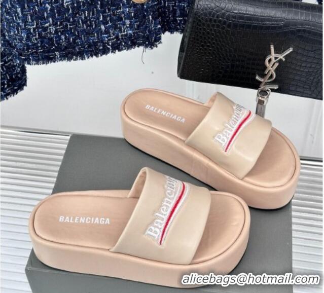 Lowest Cost Balenciaga Logo Stripes Calfskin Platform Slide Sandals Nude 129027